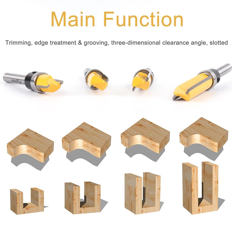 Flytuo 4PCS Pattern Flush Trim Router Bit Set 1/4" Shank, Professional Carbide Top Bearing Flush Trim Bit Kit with Length in 1/2", 3/4", 1", 1-1/2", Straight Cut Woodworking Tool(Cutting Dia: 1/2") - Image 5